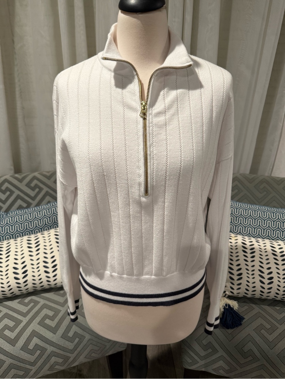 Varley Aliyah Half Zip Knit Sweater White Navy Trim Gold Zip Size Small